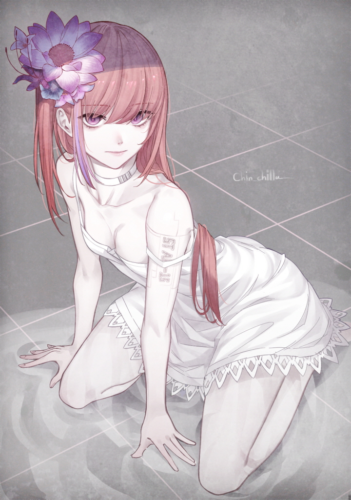 1girl, breasts, closed_mouth, colorized, dress, flower, girls_frontline, hair_flower