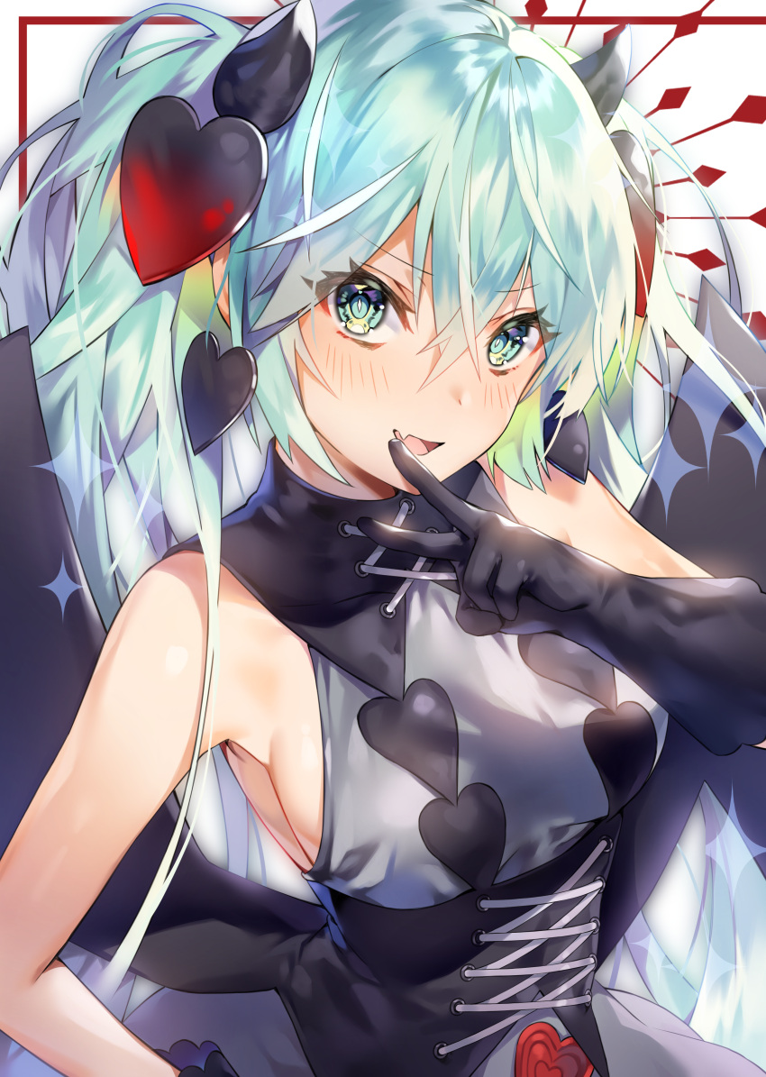 1girl, absurdres, aqua_eyes, aqua_hair, bangs, black_gloves, blush, breasts