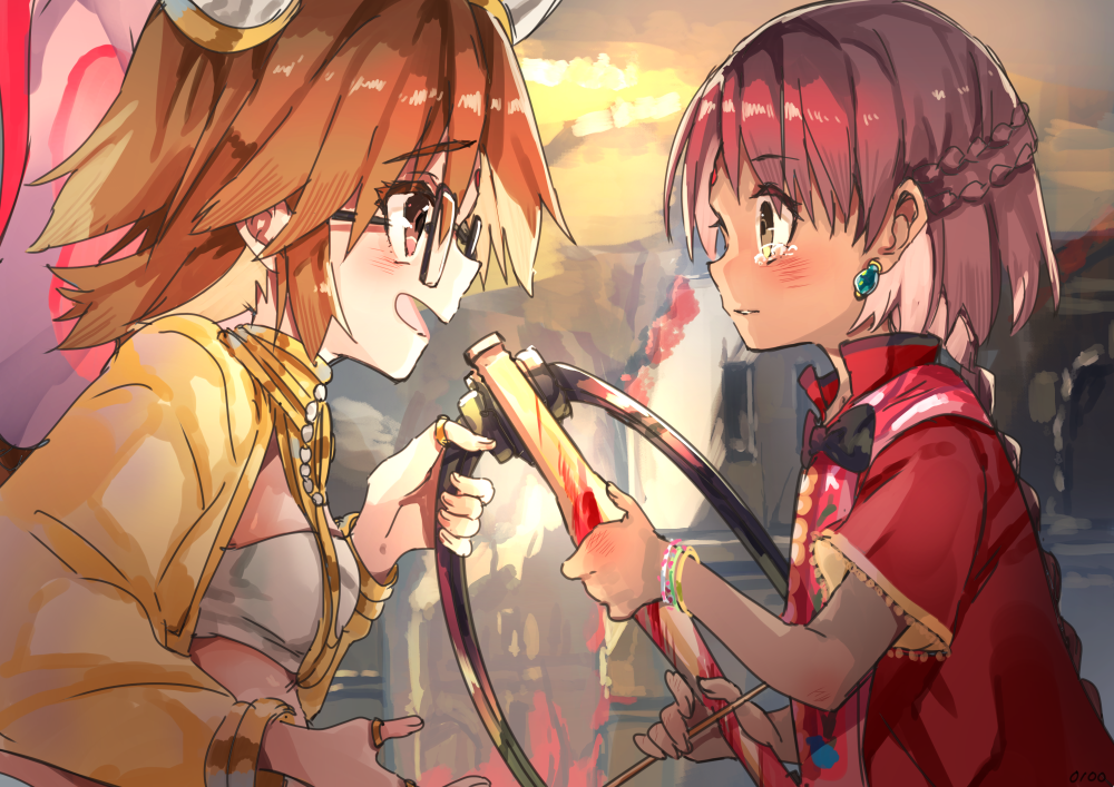 2girls, asha_(fate), bow_(weapon), braid, brown_eyes, brown_hair, crossbow, earrings