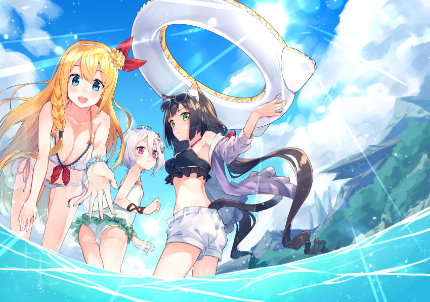 3girls, absurdres, animal_ear_fluff, animal_ears, bangs, bikini, black_hair, blonde_hair, blue_eyes, breasts, cat_ears, cat_tail, closed_mouth, collarbone, commentary_request, eyewear_on_head, flower, green_eyes, hair_flower, hair_ornament, highres, huge_filesize, jacket, kokkoro_(princess_connect!), kyaru_(princess_connect), large_breasts, long_hair, looking_at_viewer, multiple_girls, off_shoulder, one-piece_swimsuit, open_mouth, pecorine, princess_connect!, princess_connect!_re:dive, sho_bu_1116, short_hair, shorts, silver_hair, sunglasses, swimsuit, tail, very_long_hair, violet_eyes, water, white_bikini