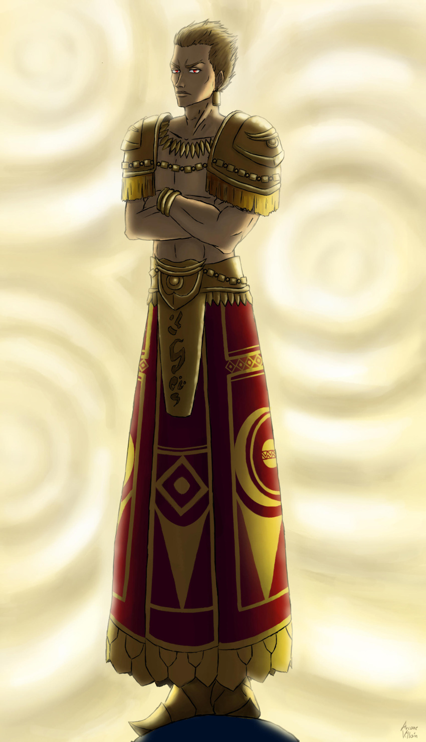 1boy, absurdres, alternate_costume, arcane-villain, blonde_hair, commentary, crossed_arms, earrings, english_commentary, fate/stay_night, fate/zero, fate_(series), gate_of_babylon, gilgamesh, highres, jewelry, male_focus, red_eyes, spiky_hair