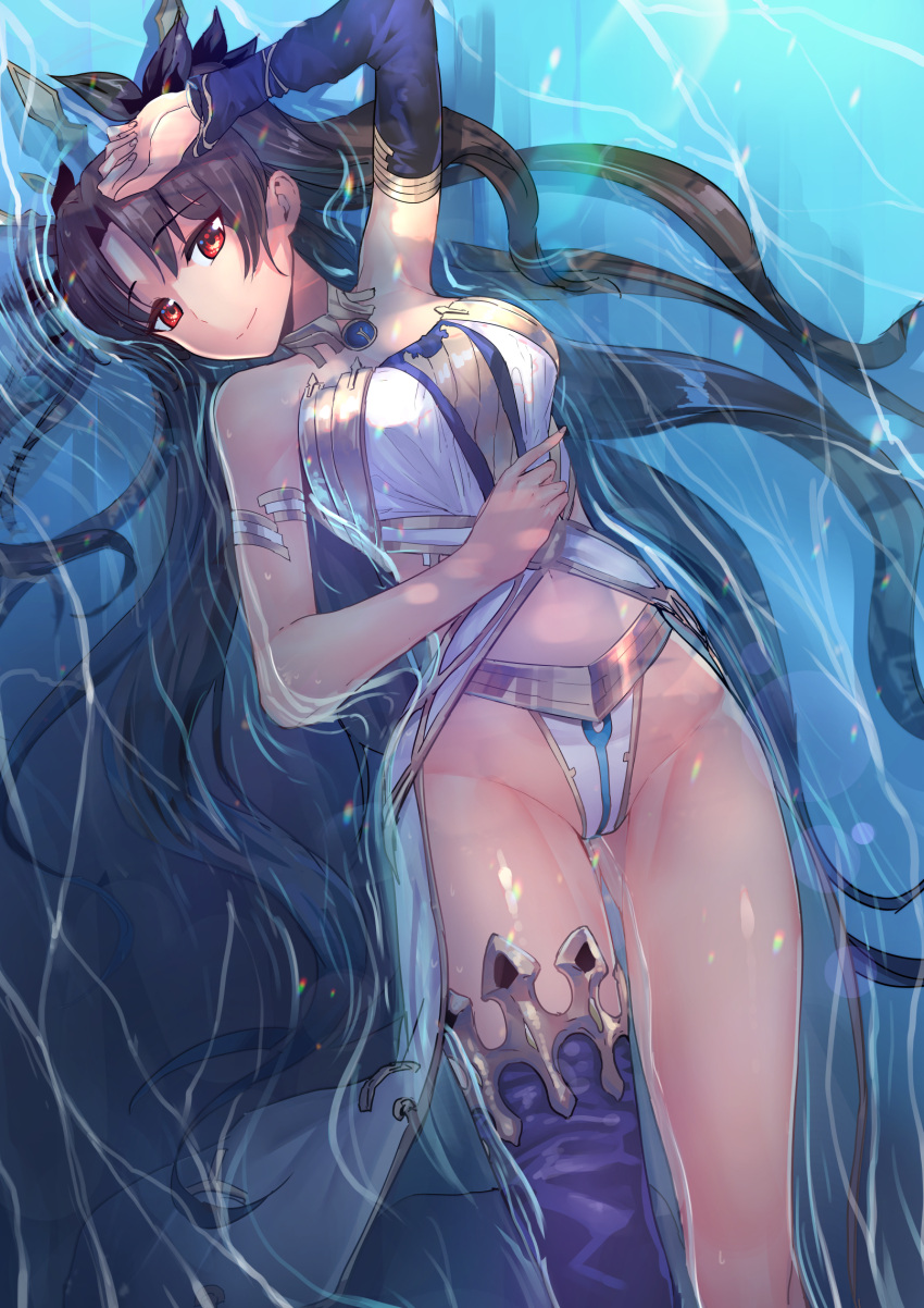 1girl, asymmetrical_legwear, black_bow, blue_legwear, blue_sleeves, bow, bracelet, breasts