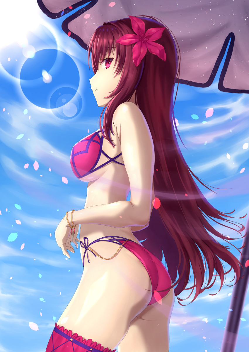 1girl, absurdres, ass, bikini, blue_sky, breasts, brown_hair, closed_mouth