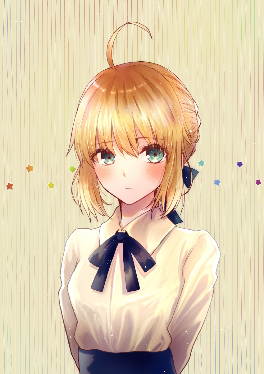 1girl, absurdres, ahoge, arms_behind_back, artoria_pendragon_(all), bangs, blonde_hair, blue_ribbon, blush, braided_bun, closed_mouth, collared_shirt, eyebrows_visible_through_hair, fate/stay_night, fate_(series), green_eyes, hair_between_eyes, hair_ribbon, highres, looking_at_viewer, mel-melty, neck_ribbon, ribbon, saber, shirt, short_hair, sidelocks, solo, striped, striped_background, upper_body, white_background, white_shirt, wing_collar