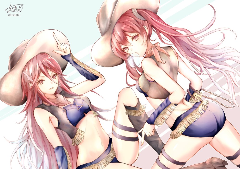 2girls, atoatto, bare_thighs, boots, chewing, chewing_gum, cordelia_(fire_emblem), cow_girl