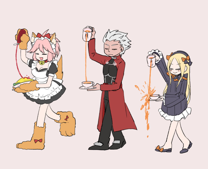 1boy, 2girls, :d, abigail_williams_(fate/grand_order), animal_ear_fluff, animal_ears, apron, archer, arm_up, bangs, black_bow, black_dress, black_footwear, black_headwear, blonde_hair, bow, brown_background, brown_footwear, brown_gloves, carnival_phantasm, closed_eyes, closed_mouth, commentary_request, cup, dark_skin, dark_skinned_male, decantering, dress, emiya-san_chi_no_kyou_no_gohan, eyebrows_visible_through_hair, failure, fate/extella, fate/extra, fate/grand_order, fate/stay_night, fate_(series), food, fox_ears, fox_girl, fox_tail, frilled_apron, frills, gloves, grey_hair, hair_bow, hair_flaps, hat, holding, holding_plate, holding_saucer, jacket, kaneda_tamago, ketchup, long_hair, long_sleeves, maid_apron, maid_headdress, multiple_girls, omurice, open_mouth, orange_bow, paw_gloves, paw_shoes, paws, pink_hair, plate, pouring, puffy_short_sleeves, puffy_sleeves, red_jacket, saucer, shoes, short_dress, short_sleeves, sidelocks, simple_background, sleeves_past_wrists, smile, tail, tamamo_(fate)_(all), tamamo_cat_(fate), tea, teacup, type-moon, very_long_hair, white_apron, you're_doing_it_wrong