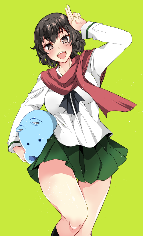 1girl, abenattou, bangs, black_legwear, black_neckwear, blouse, brown_eyes, brown_hair