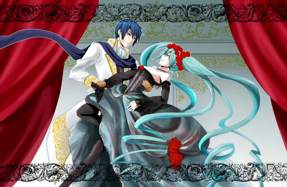 blue_hair, cantarella_(vocaloid), choker, dancing, detached_sleeves, dress, hatsune_miku, kaito