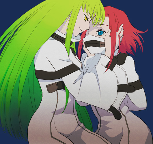 arch_(artist), bondage, c.c., cc, code_geass, gag, green_hair, kallen_stadtfeld, long_hair, pink_hair, plum_(arch), short_hair, straitjacket