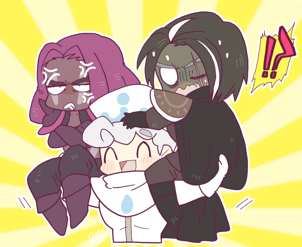 3boys, ^_^, anger_vein, annoyed, black_cape, black_gloves, black_hair, cape