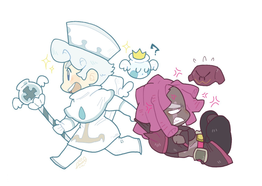 2boys, ?, anger_vein, belt, blue_eyes, boots, chibi, clenched_teeth, cookie_run, dark_skin, dark_skinned_male, dragging, firestarter_(cookie_run), flying_sweatdrops, gloves, hairlocs, lavender_hair, male_focus, milk_angel, milk_cookie, multiple_boys, open_mouth, personification, purple_yam_cookie, running, shiro_(tiotolv), signature, simple_background, smile, sparkle, staff, teeth, upper_teeth, violet_eyes, white_background, white_gloves, white_hair