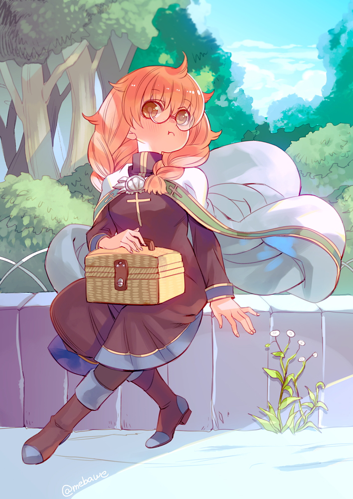1girl, :t, boots, braid, brown_eyes, cafe_artful, cape, dress