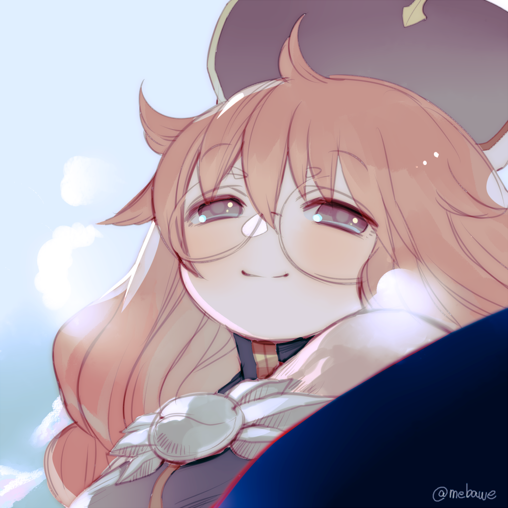 1girl, blue_eyes, braid, cafe_artful, eyebrows_visible_through_hair, glasses, hat, hayasaka