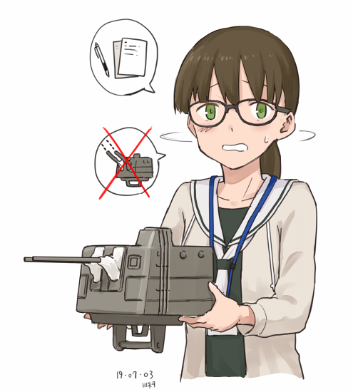1girl, bangs, beige_cardigan, black-framed_eyewear, blush, breasts, brown_hair, c2-chan
