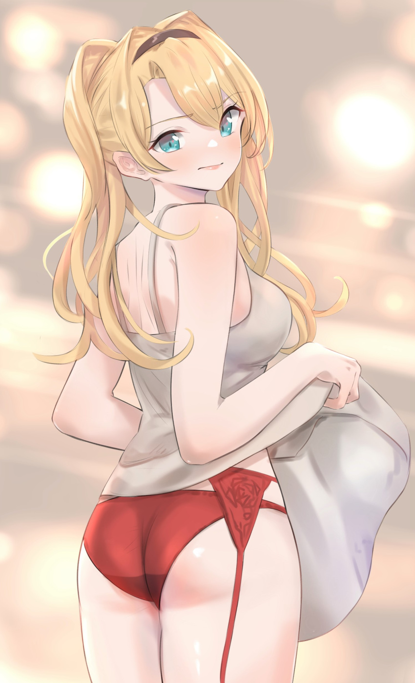 1girl, absurdres, ass, black_hairband, blonde_hair, blue_eyes, breasts, dress