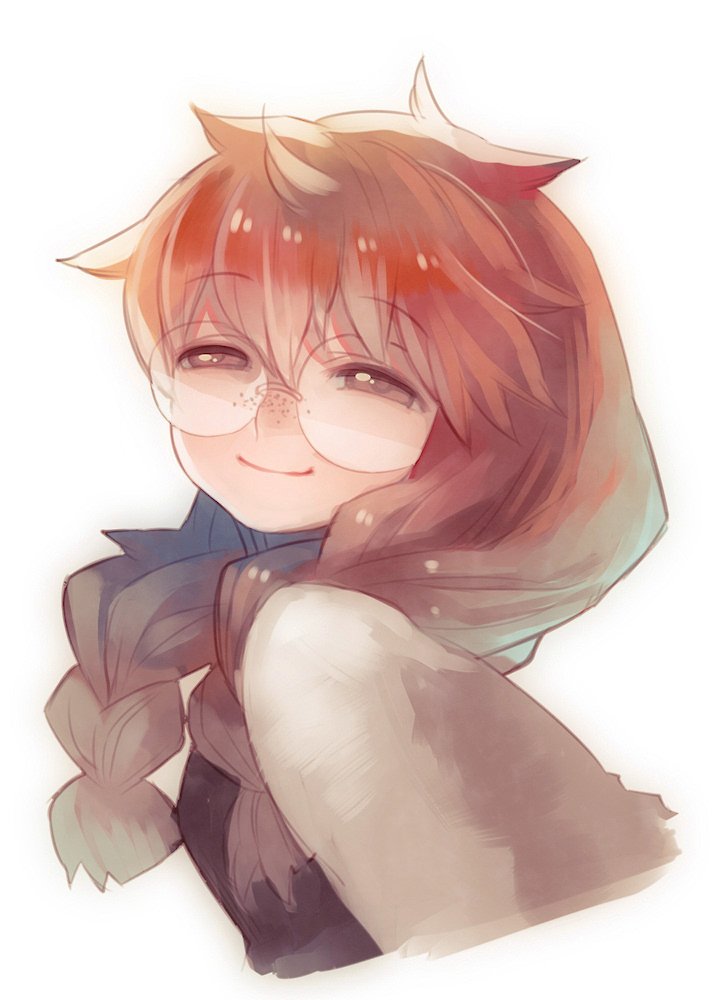 1girl, blue_eyes, braid, cafe_artful, eyebrows_visible_through_hair, freckles, glasses, hair_between_eyes