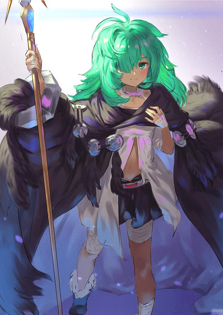 1girl, bandaged_leg, bandages, bangs, black_cloak, black_footwear, black_skirt, blush