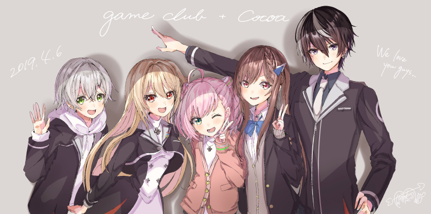 2boys, 3girls, absurdres, ahoge, black_hair, blush, brown_hair, cocoa_music