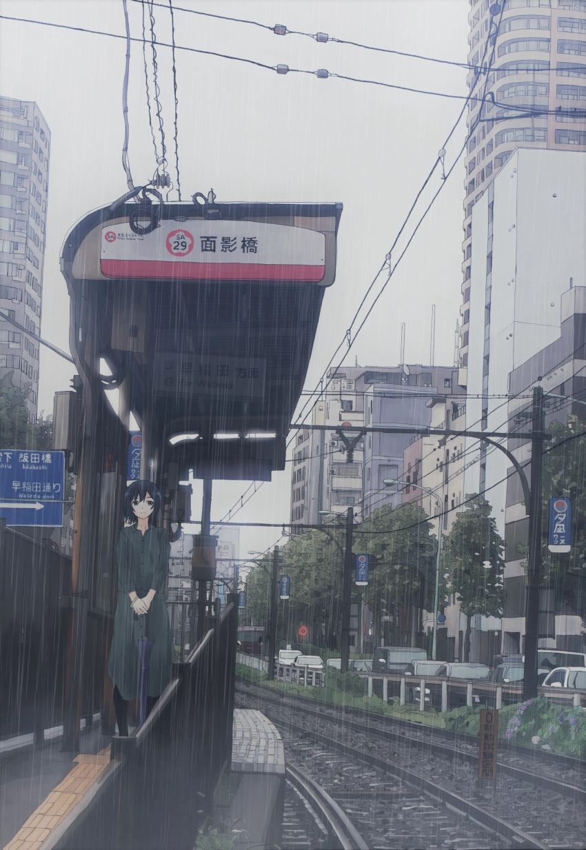1girl, black_eyes, black_hair, black_legwear, blurry, bracelet, building, car