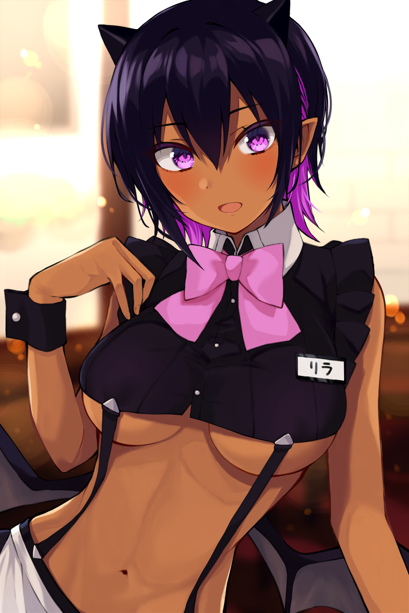 1girl, :d, bare_shoulders, blush, bow, bowtie, breasts, dark_skin