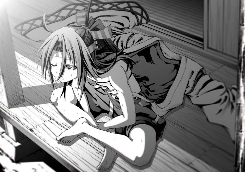 1girl, akaneharu_ohkami, barefoot, flat_chest, hachimaki, hair_ribbon, headband, high_ponytail, japanese_clothes, kantai_collection, long_hair, monochrome, open_clothes, ponytail, ribbon, sitting, solo, sweat, veranda, zuihou_(kantai_collection)