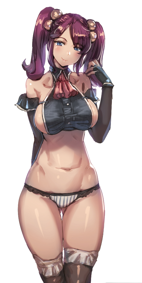1girl, ass_visible_through_thighs, bare_shoulders, black_gloves, bloom, bow_(bhp), breasts, closed_mouth, collarbone, detached_sleeves, fingerless_gloves, gloves, half-closed_eyes, hand_up, head_tilt, hip_bones, large_breasts, long_sleeves, lowleg, lowleg_panties, medium_hair, midriff, navel, original, panties, purple_hair, red_neckwear, sideboob, simple_background, smile, solo, stomach, striped, twintails, underwear, vertical-striped_panties, vertical_stripes, white_background, wide_hips, wing_collar