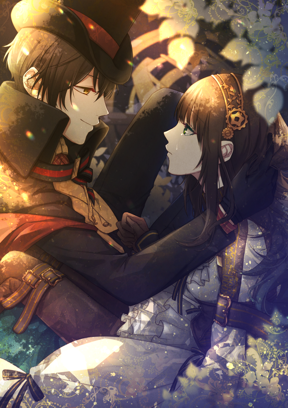 1boy, 1girl, ariake_aria, arsene_lupin_(code:realize), ascot, black_gloves, black_headwear, bow