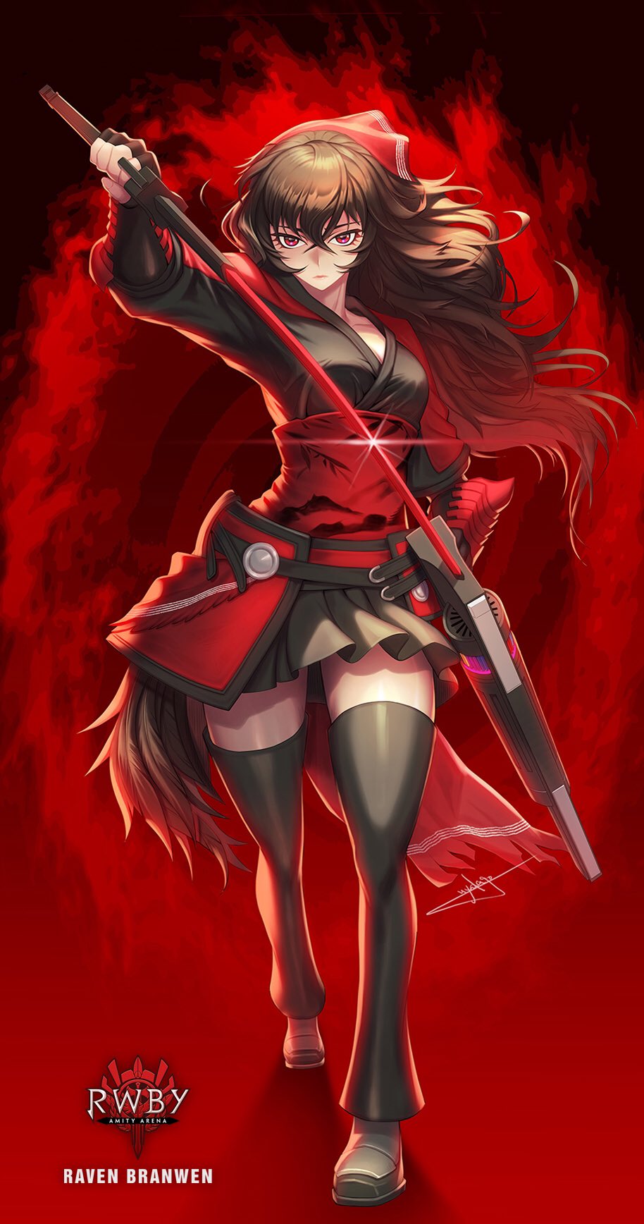 1girl, bandana, black_hair, dark_background, english_text, fingerless_gloves, gauntlets, gloves