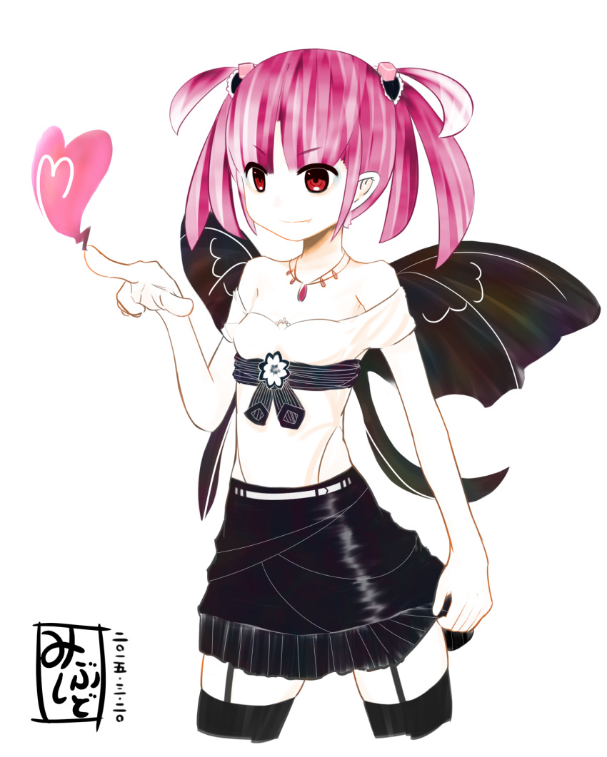 1girl, bangs, bare_arms, bare_shoulders, belt, breasts, commentary_request, cowboy_shot, eyebrows_visible_through_hair, eyes_visible_through_hair, fang, fang_out, garter_straps, hand_up, heart, highres, index_finger_raised, jewelry, medium_breasts, mibushido_(milking), necklace, original, pink_hair, red_eyes, simple_background, small_breasts, smile, solo, stamp_mark, standing, underbust, v-shaped_eyebrows, white_background, wings