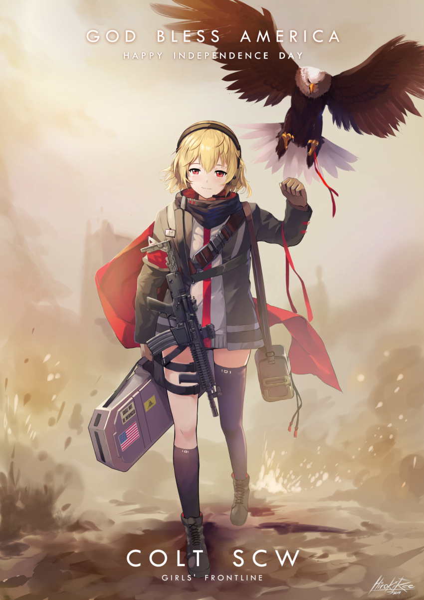 1girl, armband, asymmetrical_legwear, bag, bangs, bird, blonde_hair, boots