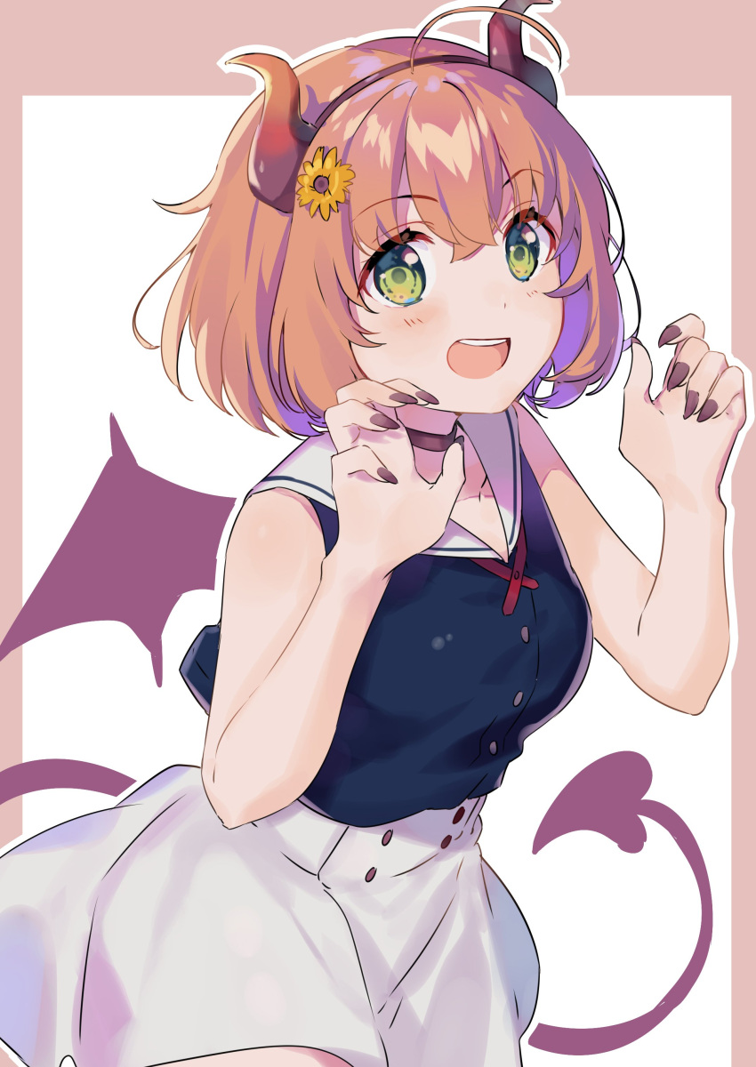 :d, absurdres, ahoge, bangs, bare_arms, black_choker, black_nails, blue_shirt