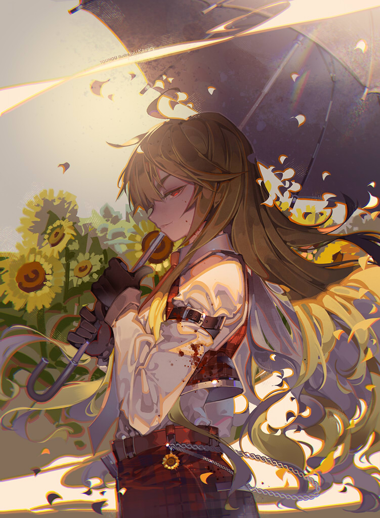 1girl, arm_strap, ascot, black_gloves, breasts, collared_shirt, commentary_request, cowboy_shot, day, field, flower, flower_field, from_side, gloves, green_hair, half-closed_eyes, holding, holding_umbrella, kawacy, kazami_yuuka, kazami_yuuka_(pc-98), long_hair, long_sleeves, looking_at_viewer, outdoors, pants, parasol, plaid, plaid_skirt, plaid_vest, profile, red_eyes, red_pants, red_skirt, red_vest, shirt, short_hair, skirt, skirt_set, smile, solo, standing, sunflower, touhou, touhou_(pc-98), tsurime, umbrella, vest, wavy_hair, white_shirt, yellow_neckwear