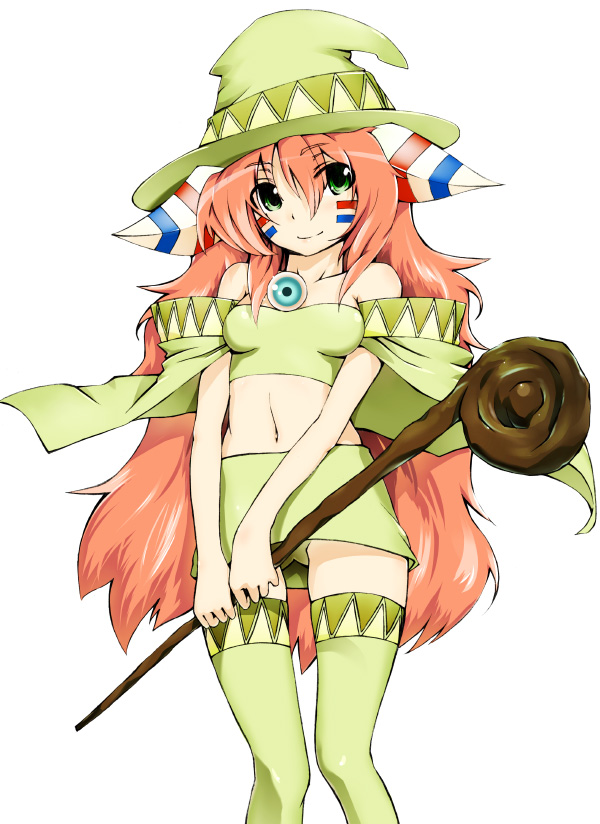 bare_shoulders, cape, facial_mark, fantasy, green_eyes, hair_ornament, hat, horns