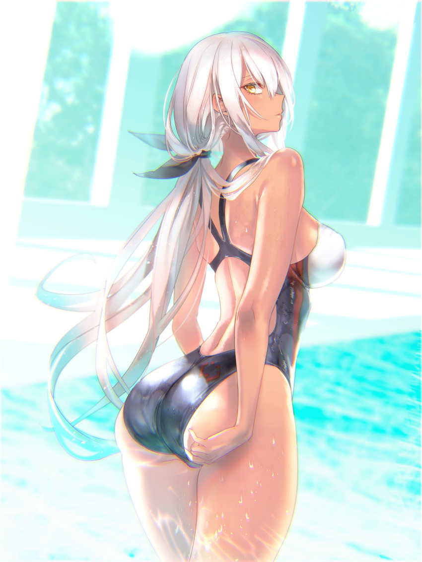 1girl, absurdres, adjusting_clothes, adjusting_swimsuit, ass, bangs, black_ribbon, breasts