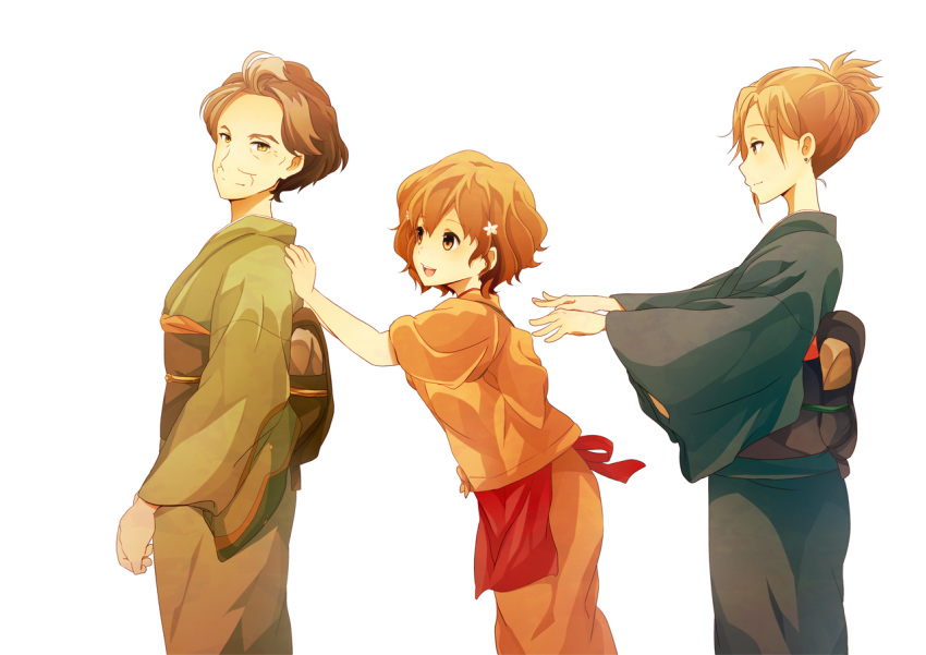 3girls, :d, brown_eyes, brown_hair, earrings, flower, grandmother_and_granddaughter, grey_hair