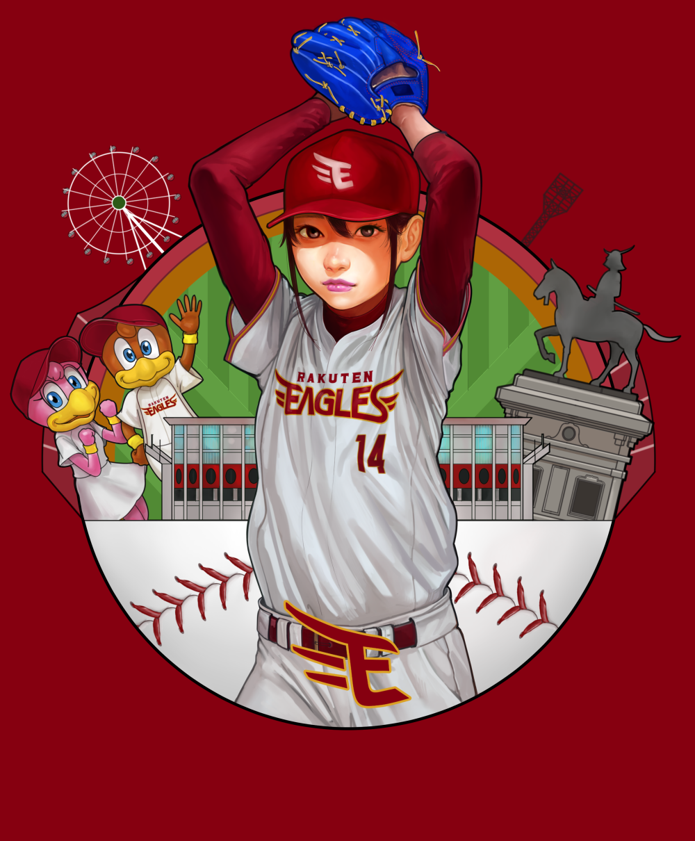 1girl, answer_is_(kazunoko), armor, arms_up, baseball, baseball_cap, baseball_mitt, baseball_uniform, bird, clenched_hand, ferris_wheel, hat, helmet, highres, japanese_armor, kabuto, long_sleeves, looking_at_viewer, mascot, red_background, shirt, sidelocks, sportswear, statue, touhoku_rakuten_golden_eagles, waving, white_shirt, wristband