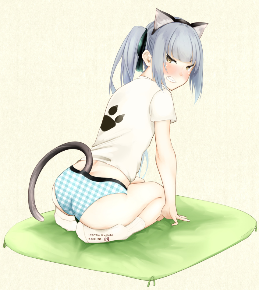1girl, absurdres, alternate_costume, anal_tail, animal_ears, ass, blue_panties, blush