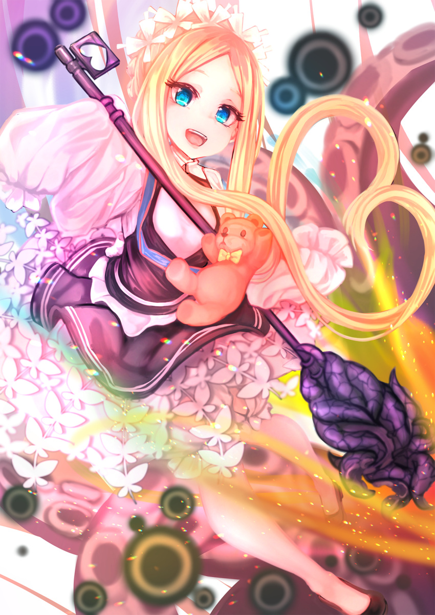 abigail_williams_(fate/grand_order), apron, bangs, blonde_hair, blue_eyes, butterfly_hair_ornament, fate/grand_order, fate_(series), hair_ornament, henny60225, heroic_spirit_chaldea_park_outfit, highres, holding, key, maid, maid_apron, maid_headdress, parted_bangs, sleeves_past_fingers, sleeves_past_wrists, smile, stuffed_animal, stuffed_toy, teddy_bear, tentacles