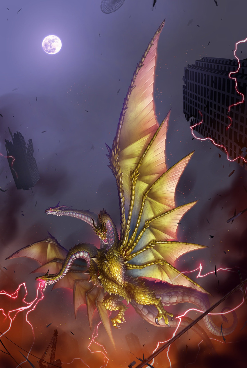 wings, city, claws, commentary, destruction, dragon, dragon_horns, dragon_wings