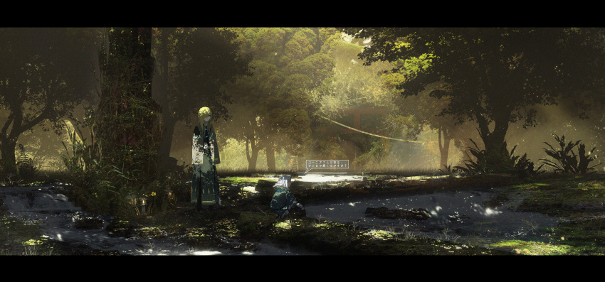 2girls, absurdres, asuteroid, blonde_hair, blue_eyes, cornea_(asuteroid), day, forest