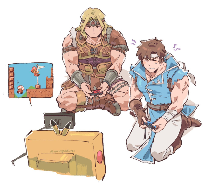 2boys, akiyoku, belt, blonde_hair, blue_eyes, brown_hair, cape, castlevania