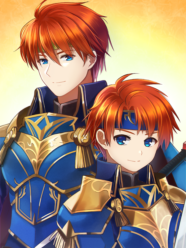 2boys, armor, blue_eyes, cape, cosplay, durandal_(fire_emblem), eliwood_(fire_emblem), eliwood_(fire_emblem)_(cosplay), father_and_son, fire_emblem, fire_emblem:_fuuin_no_tsurugi, fire_emblem:_rekka_no_ken, fire_emblem:_the_binding_blade, fire_emblem:_the_blazing_blade, fire_emblem_heroes, gloves, headband, intelligent_systems, looking_at_viewer, male_focus, multiple_boys, nintendo, potiko_(3110), redhead, roy_(fire_emblem), short_hair, simple_background, smile, super_smash_bros.