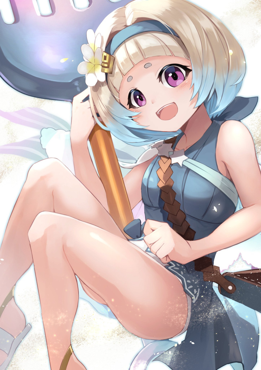 1girl, blue_eyes, blue_hair, cute, fire_emblem, fire_emblem_heroes, gradient_hair, highres, intelligent_systems, loli, looking_at_viewer, multicolored_hair, nakabayashi_zun, nintendo, open_mouth, short_hair, simple_background, smile, solo, spatula, summer, swimsuit, tiara, violet_eyes, water, white_hair, ylgr_(fire_emblem), ylgr_(fire_emblem_heroes)