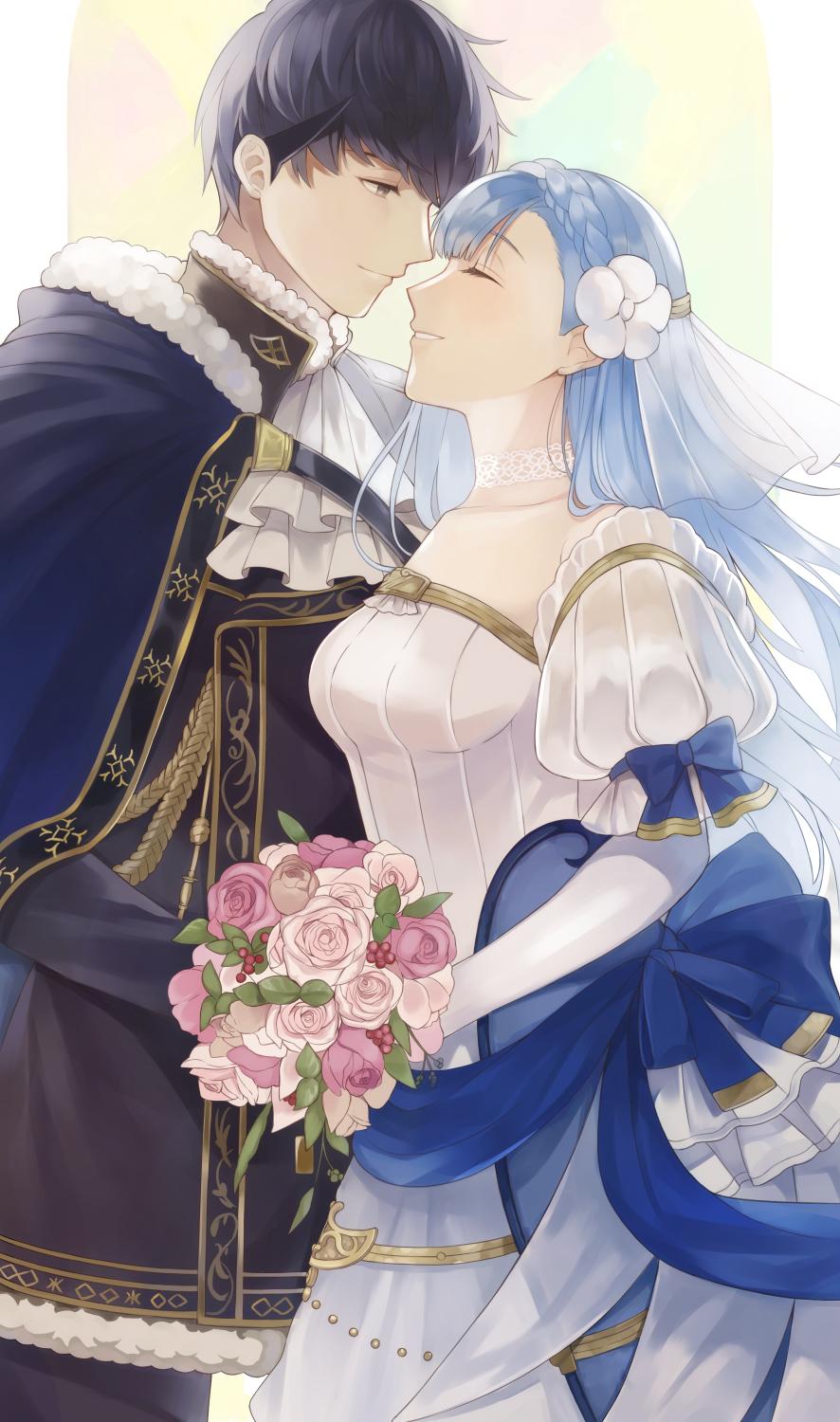 1boy, 1girl, armor, aym_(ash3ash3ash), bare_shoulders, berkut_(fire_emblem), black_armor, black_hair
