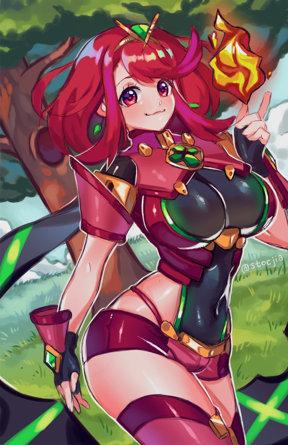 1girl, black_gloves, breasts, closed_mouth, covered_navel, earrings, eyebrows_visible_through_hair, fingerless_gloves, fire, gloves, grass, hand_up, highres, pyra_(xenoblade), jewelry, large_breasts, medium_hair, micro_shorts, pink_legwear, red_eyes, redhead, short_sleeves, shorts, smile, solo, thigh-highs, tiara, tree, twitter_username, xenoblade_(series), xenoblade_2, yagi_(kyuhyun), zettai_ryouiki