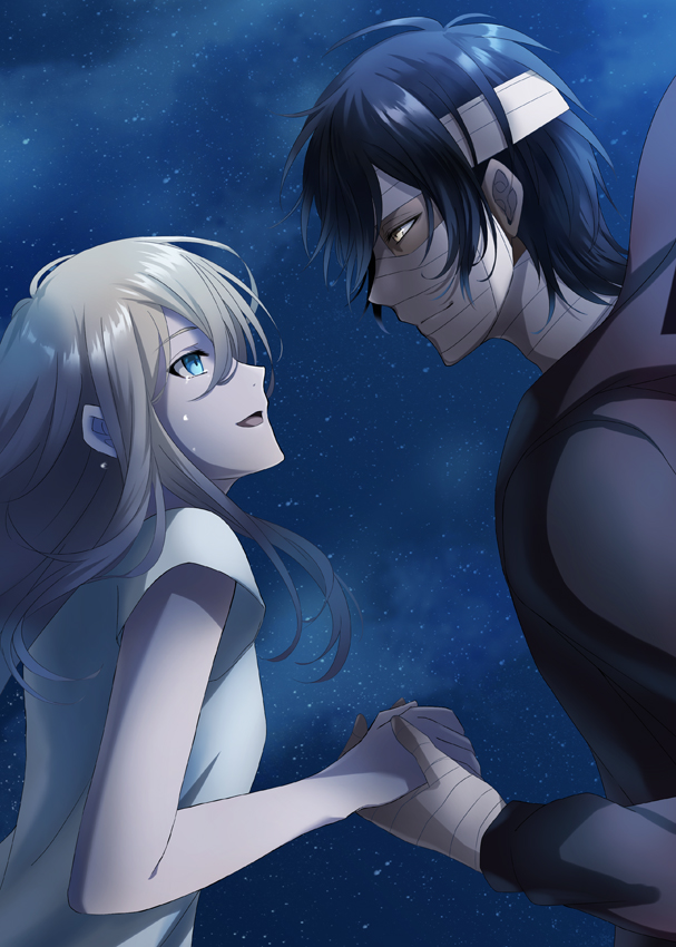 1boy, 1girl, :d, bandage_on_face, bandaged_hand, black_hair, black_jacket, blonde_hair