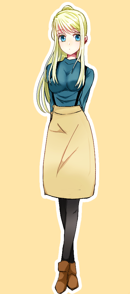 1girl, arms_behind_back, bangs, black_legwear, blonde_hair, blue_eyes, blue_sweater, boots