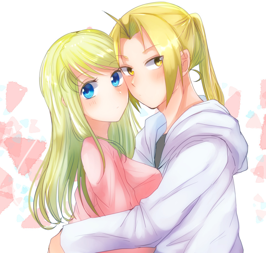 1boy, 1girl, absurdres, blonde_hair, blue_eyes, blush, closed_mouth, couple, edward_elric, from_side, fullmetal_alchemist, highres, hood, hood_down, hooded_sweater, hug, long_hair, looking_at_viewer, machi_(xxx503r), pink_shirt, ponytail, shirt, solo, sweater, white_background, white_sweater, winry_rockbell, yellow_eyes