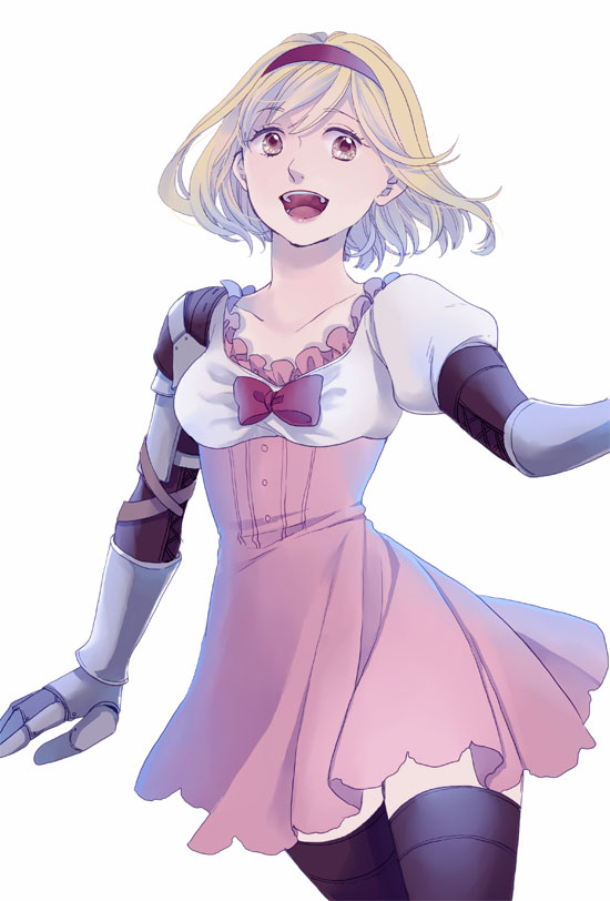 1girl, :d, black_legwear, blonde_hair, brown_eyes, chiyo_(chidori), collarbone, cowboy_shot