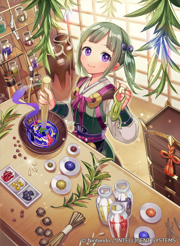 1girl, animal, arrow, bangs, bottle, bow, bow_(weapon), bowl, chest_of_drawers, closed_mouth, cute, eyebrows_visible_through_hair, fingernails, fire_emblem, fire_emblem_cipher, fire_emblem_fates, fire_emblem_if, frog, green_hair, hair_ribbon, holding, holding_animal, indoors, intelligent_systems, japanese_clothes, kimono, leaf, loli, long_sleeves, matsurika_youko, midori_(fire_emblem), mushroom, nintendo, official_art, pot, puffy_long_sleeves, puffy_sleeves, purple_ribbon, ribbon, smile, solo, sparkle, standing, twintails, violet_eyes, watermark, weapon, white_kimono